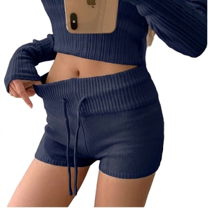 Shorts de mezclilla vintage para mujer, lavado a la piedra, cintura baja, con cordón, ribete de volantes, cintura elástica, de ganchillo, casuales de verano, antiexposición - Product Image 2