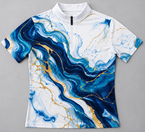 เสื้อโปโลแขนสั้นผู้ชาย พิมพ์ลายดิจิทัลสีน้ำเงินทอง ลายกราฟิกนามธรรม ผ้าถักโพลีเอสเตอร์ ดีไซน์ซิปด้านหน้า สไตล์ลำลอง - Product Image 5