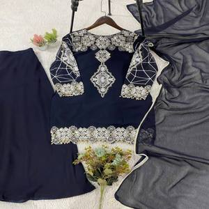 Conjunto de Traje Palazzo VASTRA COTTAGE con Top Kurti Bordado con Lentejuelas, Talla Única, Palazzo y Dupatta Cosidos, Ropa Étnica - Product Image 3