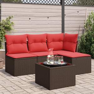 Set di divani da giardino in polyrattan marrone da 5 pezzi con cuscini, mobili da esterno resistenti - Product Image 1