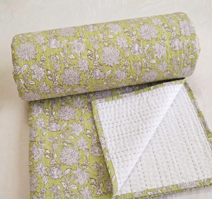Handmade Printed Cotton Kantha Quilt Reversible Traditional Bedspread All Season <b>Comfort</b> Green Floral Pattern - Product Image 1