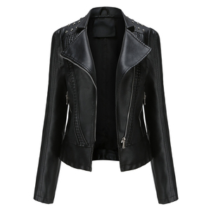 เสื้อแจ็คเก็ตมอเตอร์ไซค์หนังแท้สำหรับผู้หญิง รักษ์โลก แขนยาว คอวี ปิดซิป สีพื้น สำหรับฤดูใบไม้ร่วง/ฤดูหนาว - Product Image 2