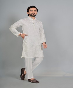 White <b>Men's</b> Cotton Silk <b>Kurta</b> Pajama Traditional Wedding Ethnic Wear India Pakistan Regular Fit 85414 SWASTIK- TOXIC 2 - Product Image 2