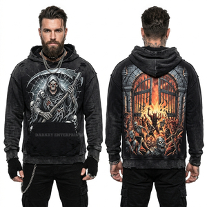 Haut sans manches à capuche pour homme, style streetwear personnalisé, bords bruts, vert sarcelle, délavé à l'acide, motif graphique Gondolier Zombie de Venise, coupe muscle - Product Image 6