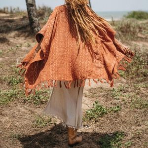 Vestido Poncho Estilo Boho para Mujer, Chaqueta Kimono de Manga Ancha, Cárdigan de Algodón Crudo, Top Tipo Pareo, Vestido Tribal - Product Image 4