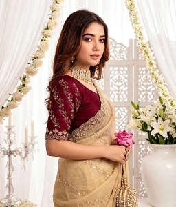 AARA Fashion Beige Silk Saree Red <b>Blouse</b> Traditional Indian Wedding Wear Women's Floor-Length <b>Sari</b> Regular Fit All Seasons Sun - Product Image 3
