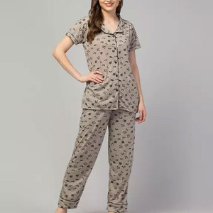 Stylish Women Night <b>Suits</b> Soft Fabric <b>Pajama</b> Set With Round Neck Top And Elastic Waist Pants For Sleeping Comfort - Product Image 1