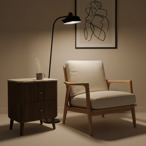 Table d'appoint moderne avec 2 tiroirs, en MDF acacia, placage chêne, plateau en marbre, design dynamique pour salles à manger et espaces de vie. chambre à coucher. - Product Image 4