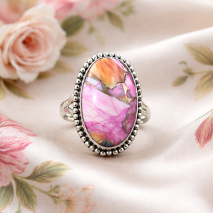 <b>Pink</b> Dahlia Oyster Turquoise Oval Ring 925 Sterling Silver Handmade Beaded <b>Frame</b> Statement Ring Rose Gold Yellow Gold Plated - Product Image 1