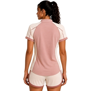 Dusty Pink Beige Womens Half Zip Sports T Shirt And <b>Shorts</b> Set Quick Dry <b>Short</b> Sleeve Activewear Gym Fitness Running Training - Product Image 2