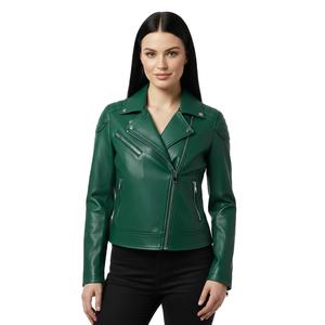 Veste de moto en cuir vert en cuir de vache pour femmes, vente en gros personnalisée, prix d'usine, style motard authentique, manteau pour femmes, service OEM - Product Image 1