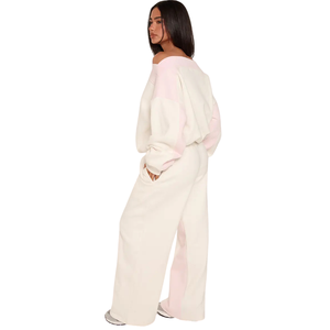 Ensemble de survêtement décontracté deux pièces pour femme, sweat-shirt à épaules dénudées et pantalon en molleton, coupe ample, taille élastique, jambe large, tenue de sport - Product Image 2