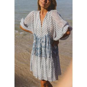 Vestido Casual de Verano Hecho a Mano, Elegante, Estilo Boho, con Cuello en V, Mangas Abullonadas, Estampado, Cintura Imperio, Corte en A, Largo hasta la Rodilla - Product Image 6