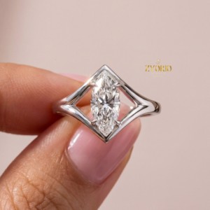 Trendy Minimalist Marquise Cut Lab Grown Diamond Engagement <b>Ring</b> <b>Solitaire</b> Setting 14K 18K Gold Bridal Wedding Party Proposal - Product Image 1