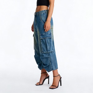 Jean en denim uni à taille mi-haute, coupe ample, jambe large, délavé, léger et confortable en coton, idéal pour l'hiver - Product Image 3