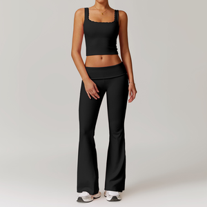 Women's 2 Piece Yoga <b>Set</b> <b>Square</b> Neck Crop Top High Waist Pants Breathable Spandex Polyester Solid Color Activewear - Product Image 4