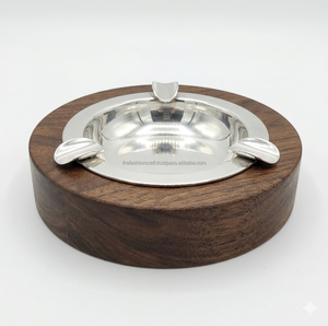 Handmade Wooden Metal Cigar Ashtray Round Smoking Ashtray for Home Office <b>Table</b> Use - Product Image 3
