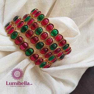 Green & Ruby Kemp Pearl Studded Gold Polished Bangles - Product Image 1