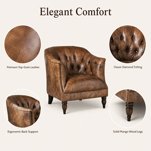 Vintage Tan Genuine Leather Tufted Accent Chair Mid Century Modern Barrel Armchair for Living Room Furniture Home Decor Sofa - Product Image 3