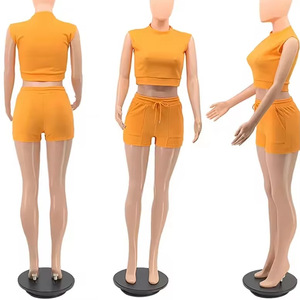 Ensemble de vêtements de sport pour femmes personnalisé, été, 2 pièces, nylon/coton, uni, haut court au-dessus du genou, short, ensemble deux pièces, imperméable, séchage rapide - Product Image 6