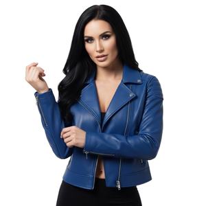 Custom Quilted Lining Blue Leather Motorbike Jacket <b>Women</b> Bulk Wholesale Factory Price Genuine Biker Style Ladies Fashion - Product Image 1