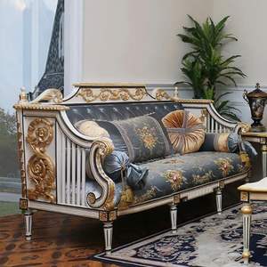 Juego de Sofás de Madera de Caoba Tallada, Clásico y Lujoso, Ecológico, Hecho a Mano, Acabado Azul Dorado, Estilo Europeo, Muebles para Sala de Estar - Product Image 2