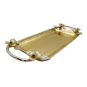 Factory Direct Supply <b>Gold</b> Plated Brass <b>Serving</b> <b>Tray</b> with Silver Floral Handles Rectangular Decorative Platter for Weddings - Product Image 1