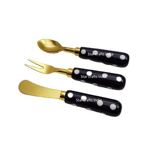 Couverts de cuisine en acier inoxydable avec poignée en résine faite à la main avec fourchette et couteau plaqués argentés lot de 3 - Product Image 1