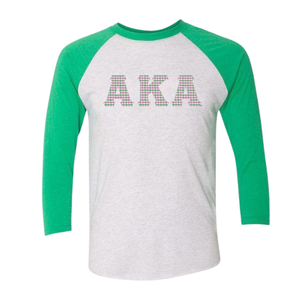 Camiseta Raglán de Béisbol Unisex AKA Tri Blend de Manga Tres Cuartos, Gris Jaspeado y Verde Kelly, para Hermandades Griegas - Product Image 1