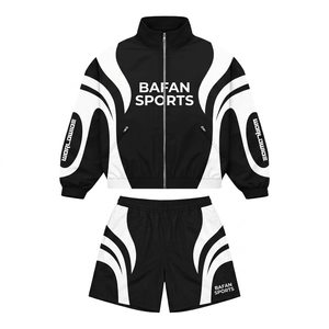 <b>Women</b> windbreaker short set polyester GSM lightweight breathable navy blue <b>light</b> blue panel design heat transfer logo plus size - Product Image 3
