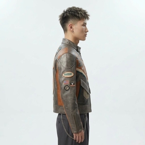 Workshop <b>Mens</b> Bronze <b>Brown</b> <b>Leather</b> Motorcycle <b>Jacket</b> Route 66 Speedway Racing Team Embroidered Patch Coat - Product Image 3