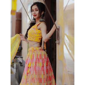 <b>Charming</b> Yellow Printed Organza Haldi Wear Lehenga Choli - Product Image 5