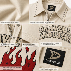 Custom <b>Flame</b> Applique Y2K Varsity <b>Shirt</b> Oversized Boxy Button-Up Studded Collar Puff Embroidery Zipper Placket Streetwear Men - Product Image 6