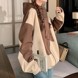 Women Brown Khaki Windbreaker <b>Jacket</b> Color Block Coat <b>Ladies</b> Fashion Oversized Outerwear Casual Hooded Top New - Product Image 5