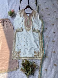 Conjunto de 3 piezas de kurta recta color crema de moda, traje palazzo, ropa india y pakistaní para bodas y fiestas, salwar kameez de seda, ropa festiva elegante. - Product Image 6