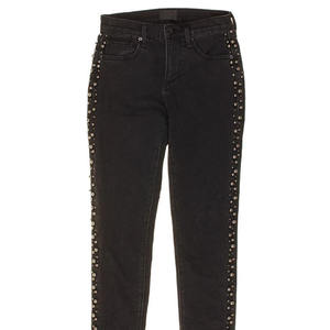 Jeans ajustados negros para mujer con adornos laterales elegantes y dobladillo sin rematar, de cintura alta, elásticos, de mezclilla perlada. - Product Image 2