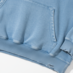 Men's Vintage Streetwear 100% Cotton Jacket Solid Blue Oversized Sun Faded 3DAcid Washed Denim Hoodies for Spring Season Men - Product Image 6