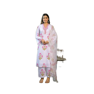 Traje Pakistaní Blanco con Estampado a Mano para Mujer, Ropa de Oficina y Vacaciones - Conjunto de Cordón al por Mayor con Estampado Étnico Indio, Kurti Pakistaní Modesto - Product Image 1