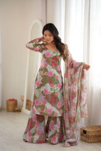 Conjunto Kurti de organza Tebby con hombros descubiertos y pantalón palazzo forrado de talla única y dupatta a juego para mujer HTU 73 - Product Image 2