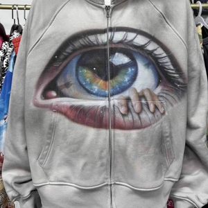 Sweat à capuche zippé intégral personnalisé pour homme, en coton 100% grammage lourd, délavé à l'acide, avec imprimé œil, style streetwear, coupe oversize, haute qualité, 2026 OEM - Product Image 5