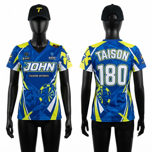 เสื้อดาร์ทผู้ชายพรีเมียม 220gsm ผ้าโพลีเอสเตอร์ 100% แบบอินเตอร์ล็อค สีน้ำเงินเหลือง พิมพ์ลายโลโก้ตามสั่ง สำหรับทีม ระบายอากาศได้ดี - Product Image 1