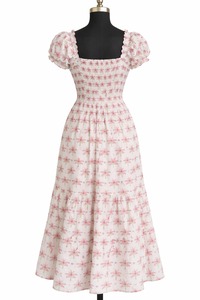 เดรสผ้าพิมพ์ลายดอกไม้แบบแฮนด์บล็อก คอรูปหัวใจ แขนสั้นพอง เอวยางยืด ยาวแบบแม็กซี่ ผลงานแฮนด์เมดชิ้นเอก - Product Image 6