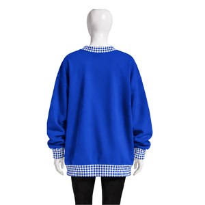 Sweat-shirt à col rond bleu roi pour homme, coupe ample, avec col et ourlet à carreaux, manches longues, motif graphique, pull décontracté, haut tendance - Product Image 2