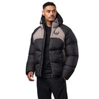 Blouson matelassé homme noir et gris pierre, col montant fin, broderie frontale, à capuche, entièrement zippé, coupe-vent, pour l'hiver