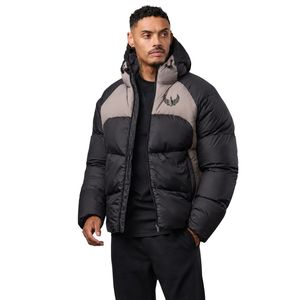 Veste matelassée à capuche pour homme, noire et gris pierre, avec blocs de couleur, fermeture éclair intégrale, isolée, coupe-vent et thermique, pour l'hiver - Product Image 1