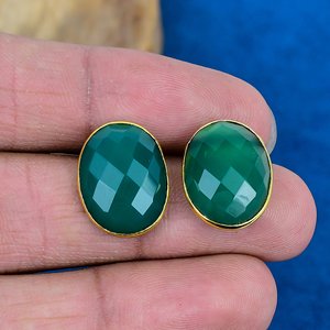 Natural <b>Green</b> Onyx Oval Shape Gemstone Dangle Hook <b>Earring</b> 18k Gold Micron Over 925 Sterling Silver - Product Image 2