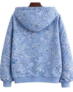 เสื้อฮู้ดดี้ผู้หญิงลายพิมพ์เพสลีย์สีฟ้าสกายบลูแบบกำหนดเอง ผ้าฝ้ายฟลีซ สวมใส่สบาย ผลิตตามสั่ง ผู้ผลิตเสื้อผ้าขายส่ง - Product Image 2