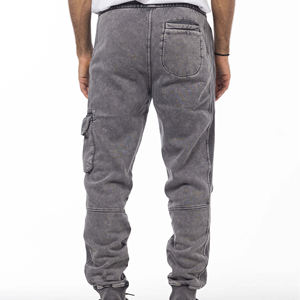 Pantalon cargo décontracté gris en coton et laine pour homme, taille élastique, plusieurs poches, style automne, délavé à l'acide, coupe droite vintage - Product Image 3