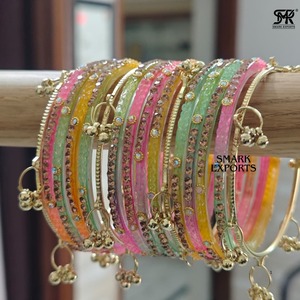 Elegant Multicolor Glass <b>Bangles</b> Set with Stone Work and Ghungroo Traditional <b>Indian</b> Bridal Wedding Festival Jewelry for Women - Product Image 4