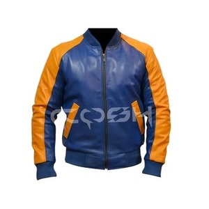 แจ็คเก็ตบอมเบอร์หนังแท้สีน้ำเงินเหลืองแบบสั่งทำพิเศษ สไตล์เรโทร แจ็คเก็ตหนังแบบซิปพร้อมปลายแขนเสื้อแบบริบ - Product Image 1